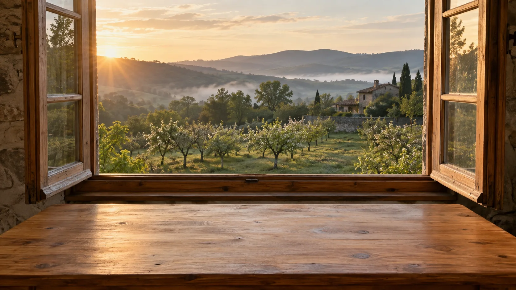An empty wooden desk at an open cottage window overlooking a misty orchard at sunrise