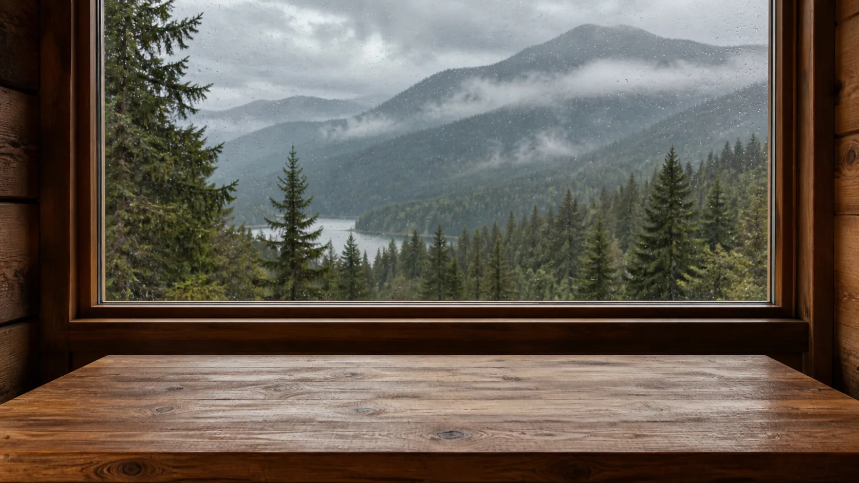 An empty wooden cabin desk at a rain-speckled window overlooking a forest valley and misty mountains