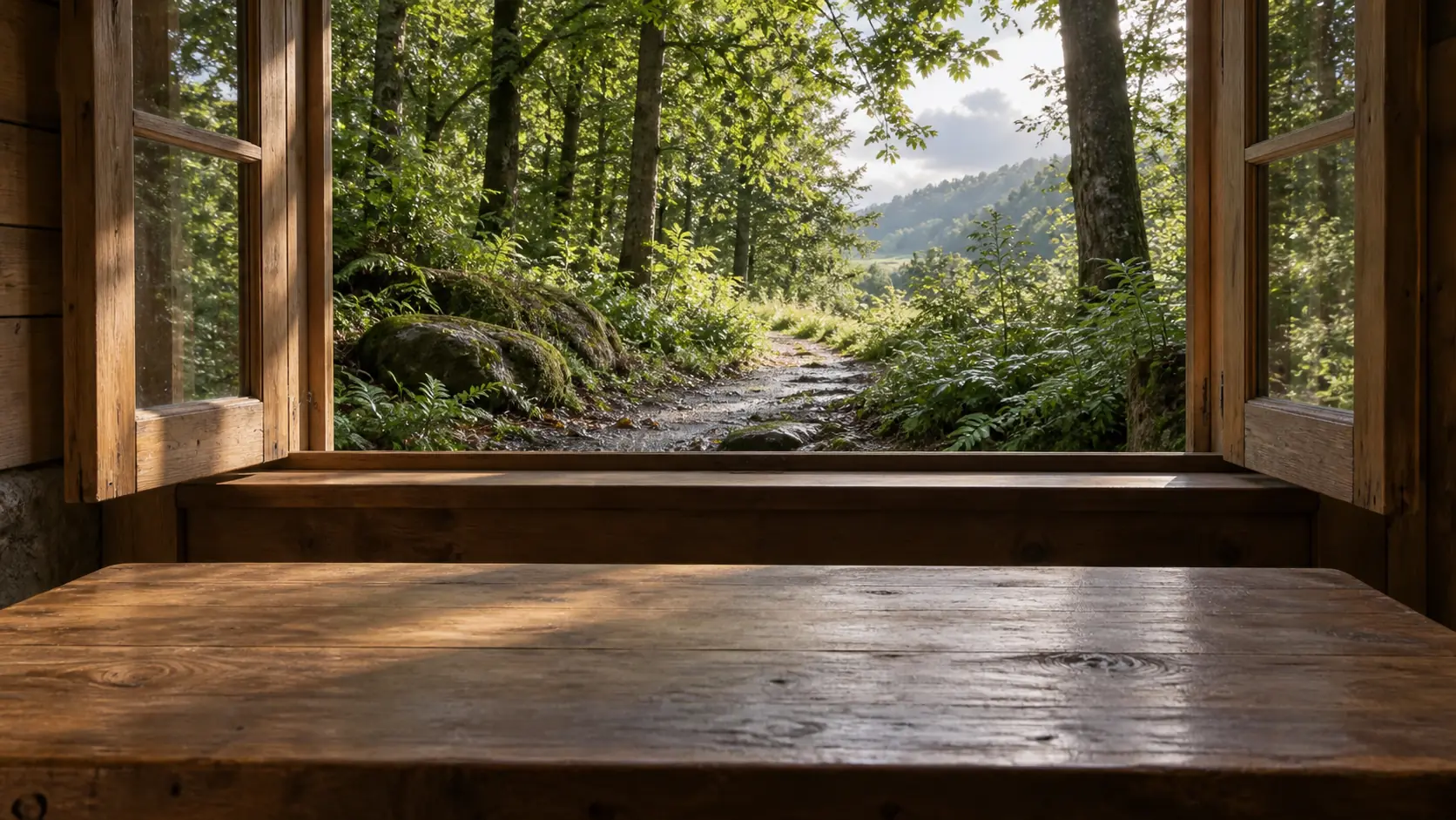 An empty wooden desk overlooking a woodland trail and sunlit clearing after rain