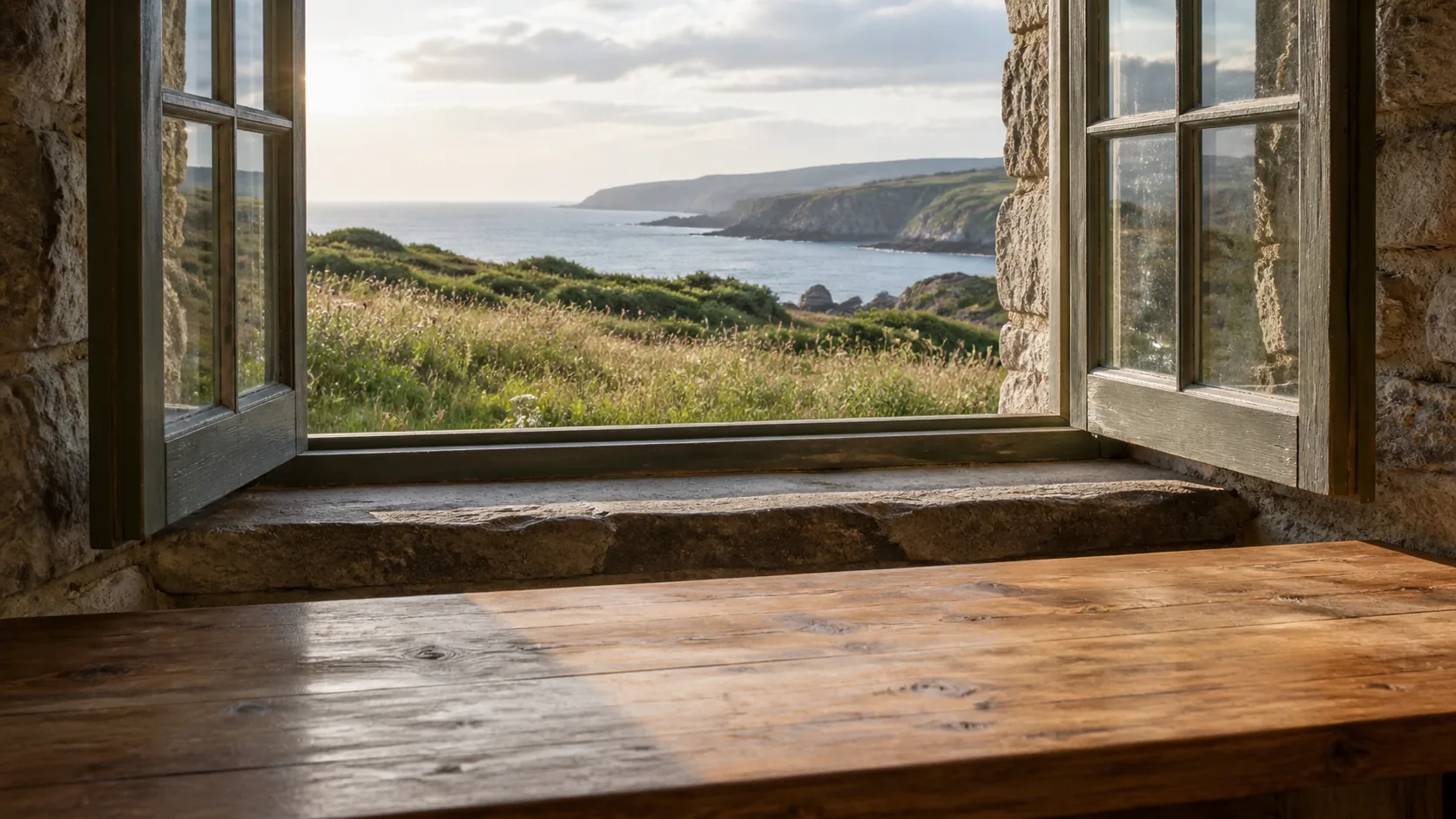An empty wooden desk at an open cottage window overlooking coastal grasses and a calm sea